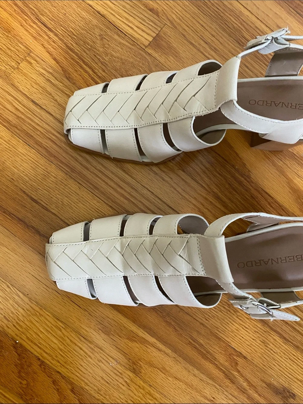 Bernardo Cream Woven Leather Block Heel Sandals